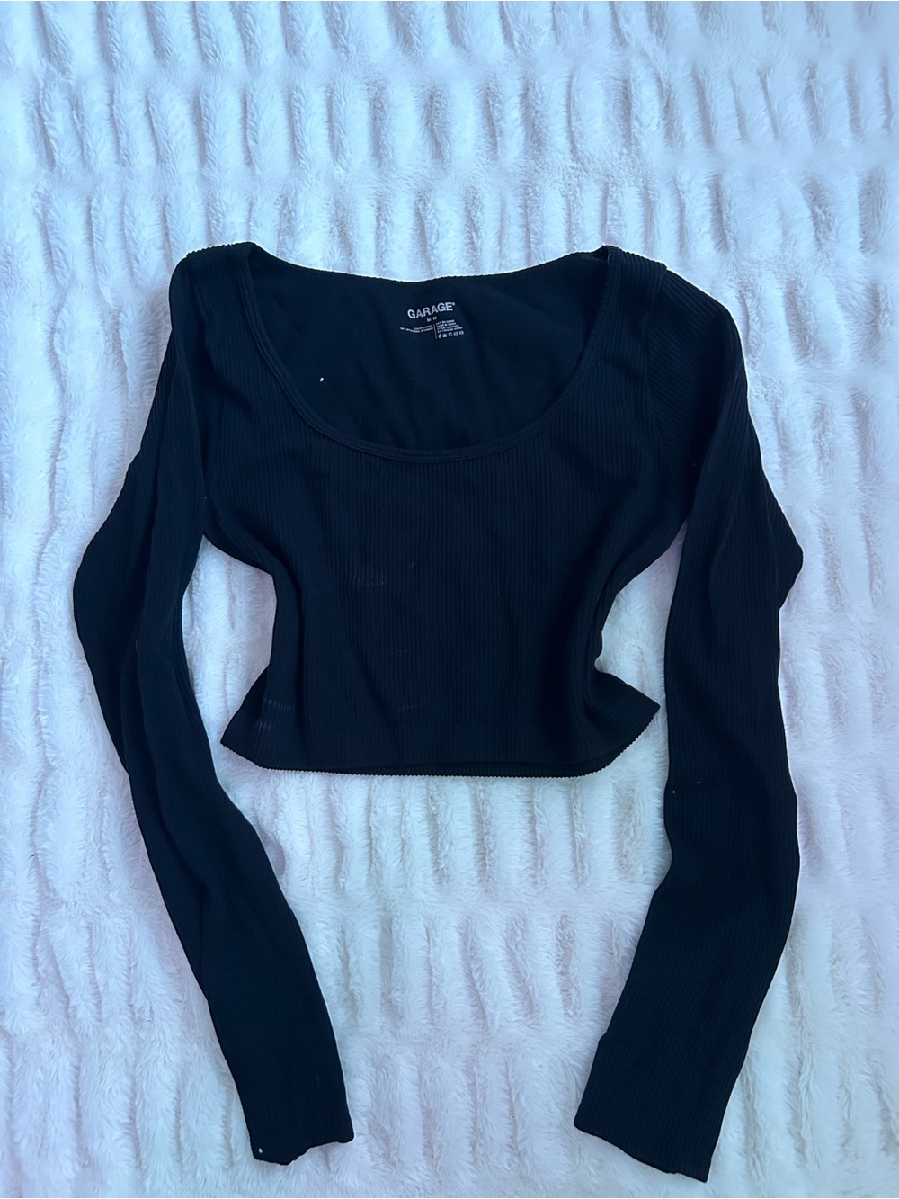 Garage Black Ribbed Scoop-Neck Long Sleeve Crop Top